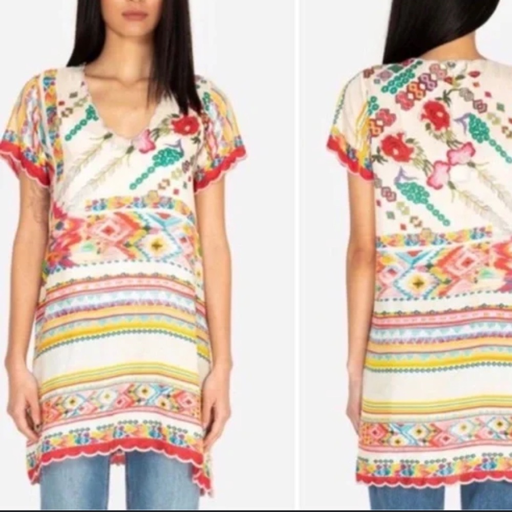 Johnny Was Tulum Short-sleeve Silk Georgette Tunic W/ Scallop